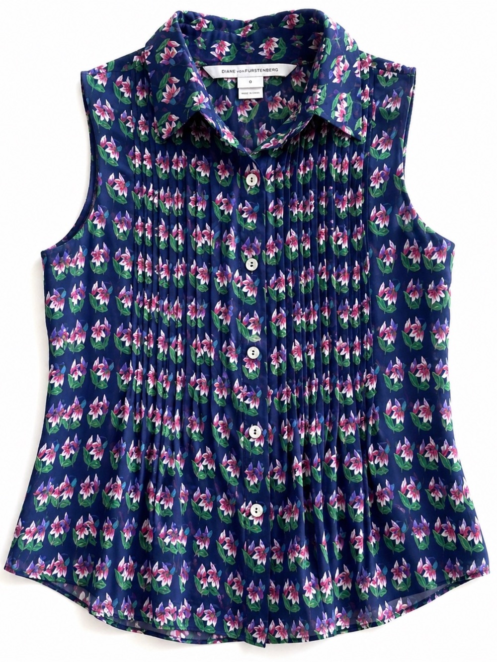 Diane Von Furstenberg Blakey Silk Floral Blouse Sleeveless Blue Purple 0